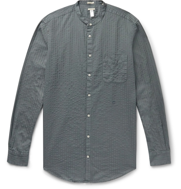 Photo: Massimo Alba - Grandad-Collar Cotton-Seersucker Shirt - Gray