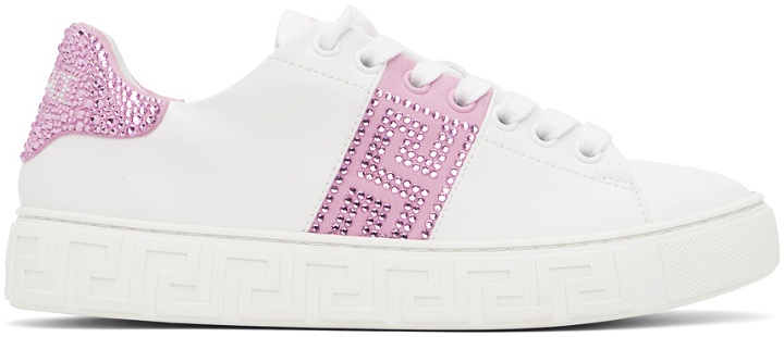 Photo: Versace White & Pink Crystal Greca Sneakers