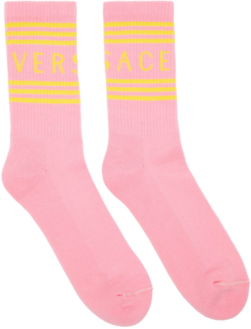 Versace Pink & Yellow 1990s' Vintage Logo Socks Versace