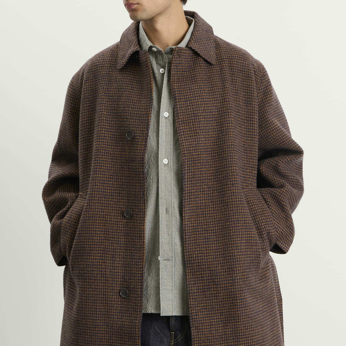 Universal Works Men's Wool Tweed Mix Stan Coat in Navy/Brown