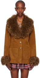 Anna Sui Tan Faux-Fur Trimmed Faux-Suede Jacket