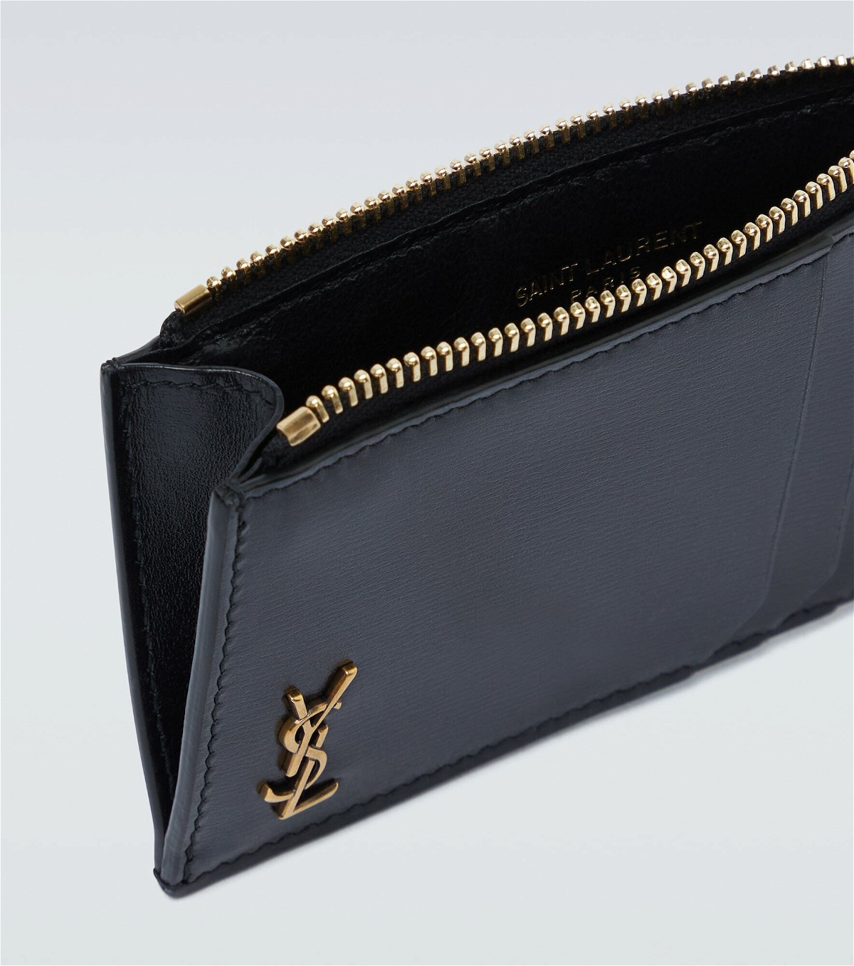 Saint Laurent YSL Monogram Zip Cardholder in Black Grained Leather