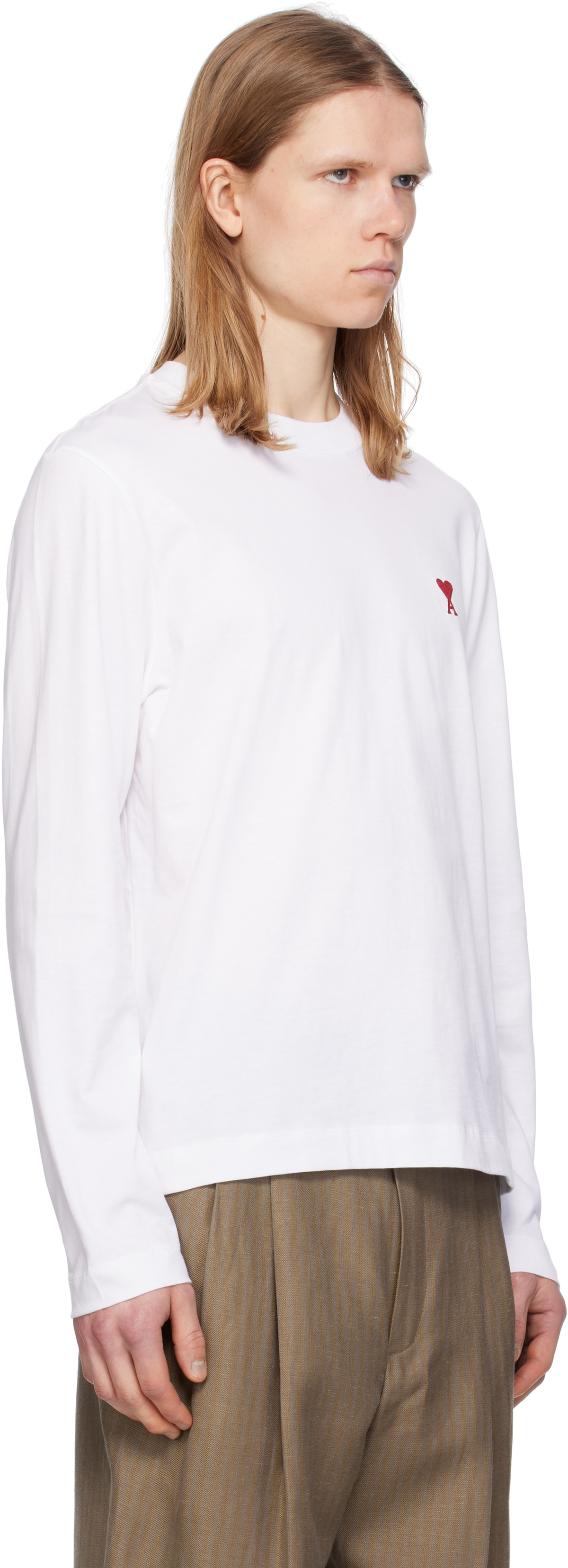 AMI Paris White Cotton Ami de Coeur Long Sleeves T-shirt AMI