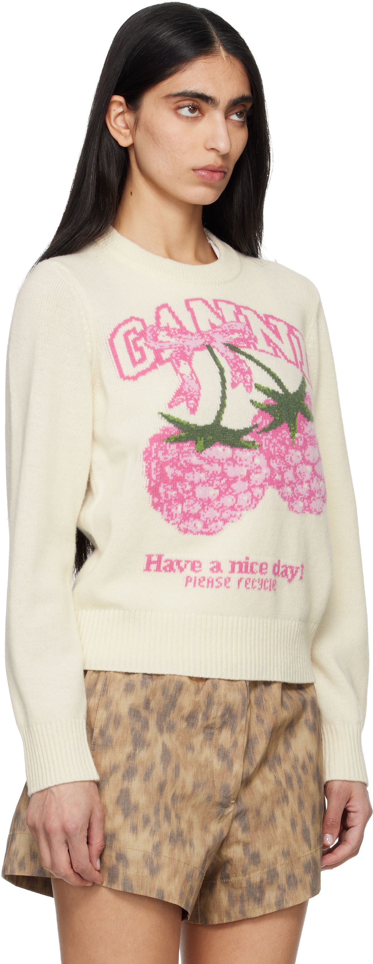 GANNI Off-White Graphic Wool Sweater