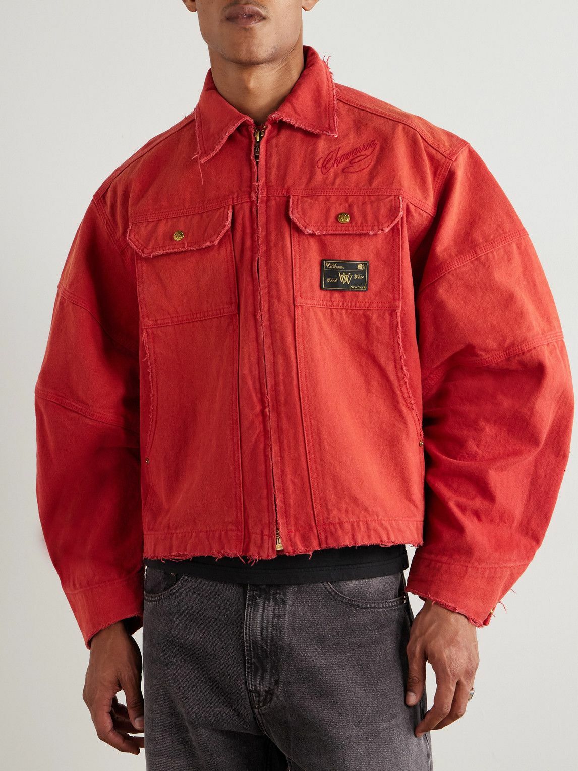 Willy Chavarria - Stockton Cropped Logo-Detailed Distressed Denim Jacket - Red
