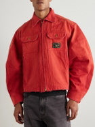 Willy Chavarria - Stockton Cropped Logo-Detailed Distressed Denim Jacket - Red
