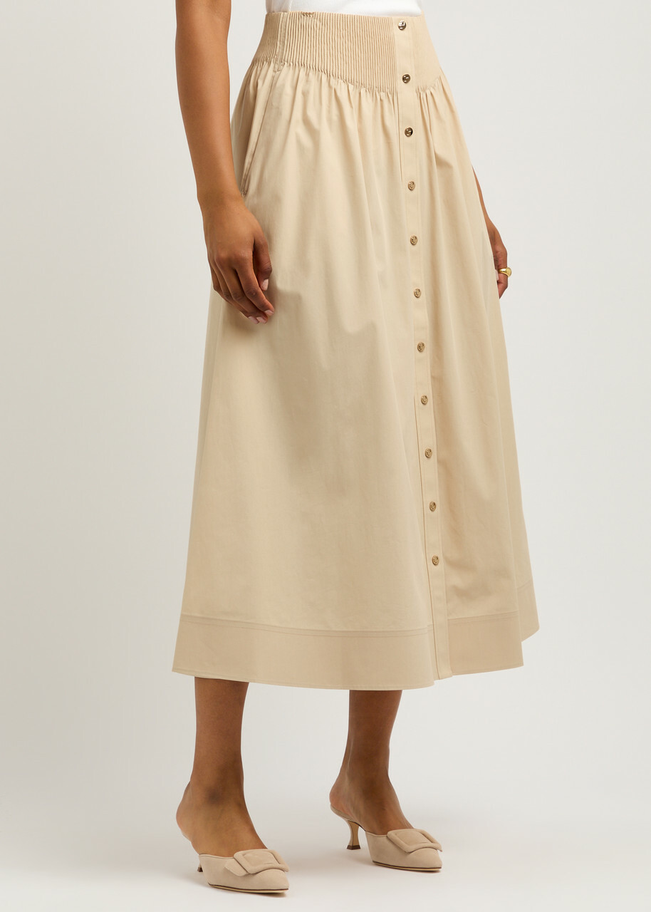 Tory Burch Stretch-cotton Poplin Midi Skirt Stone Tory Burch