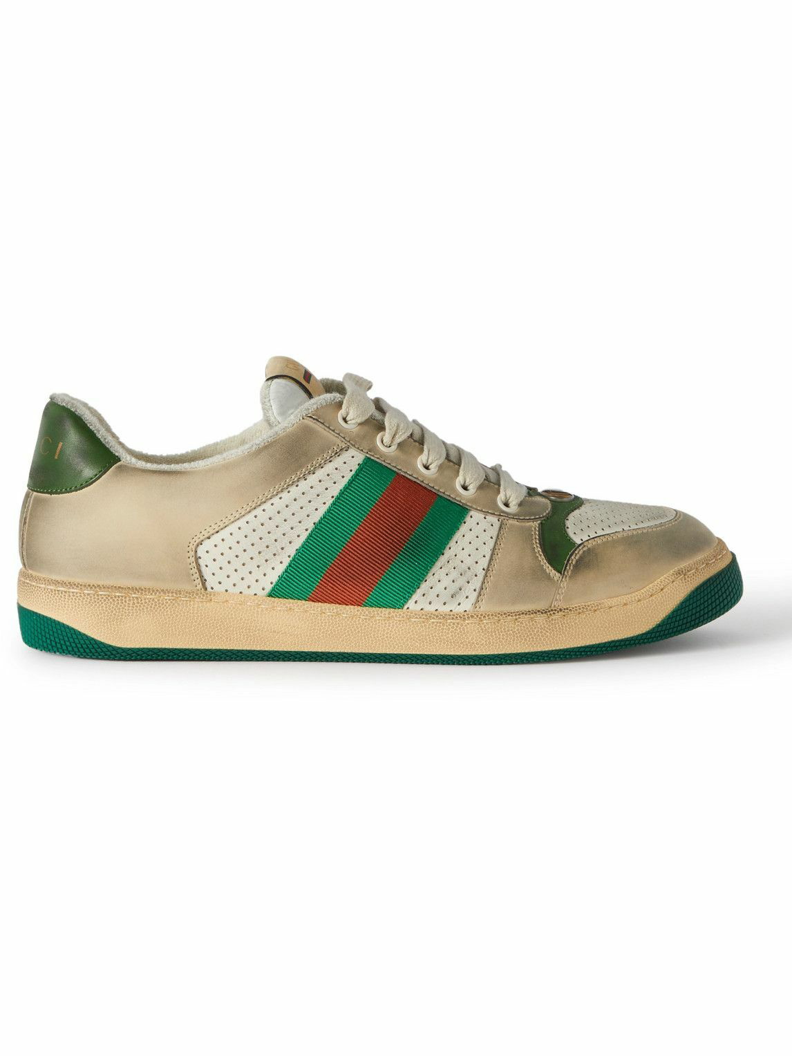 GUCCI - Virtus Distressed Leather and Webbing Sneakers - White Gucci