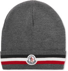 Moncler - Logo-Appliquéd Striped Ribbed Virgin Wool Beanie - Gray