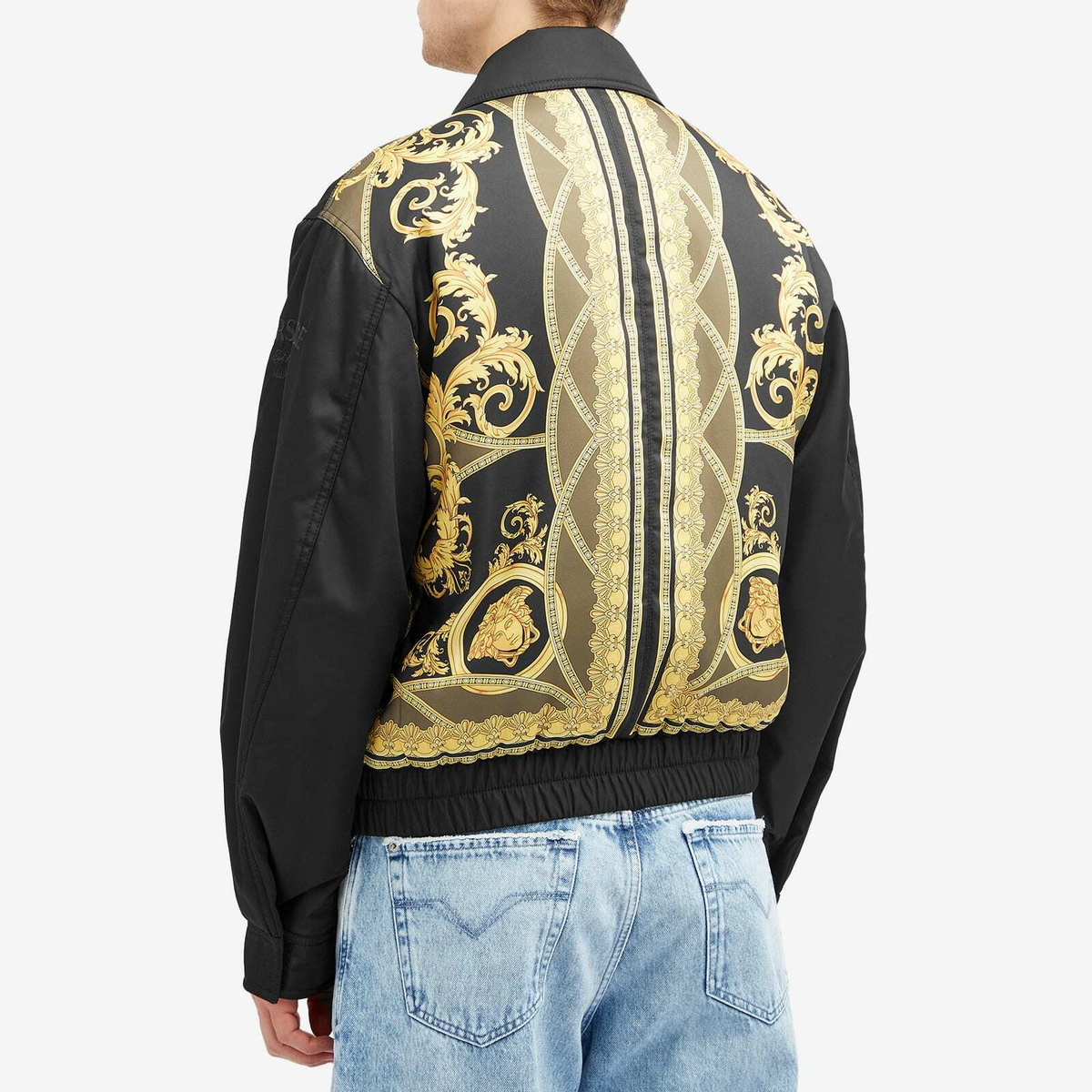 Versace Men's Technical Twill Bomber Jacket in Black Dark Olive Gold