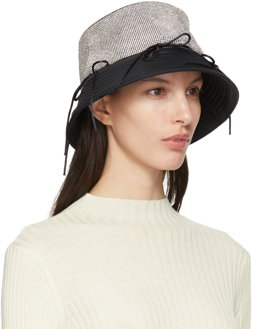 KARA Black Crystal Mesh Bow Bucket Hat