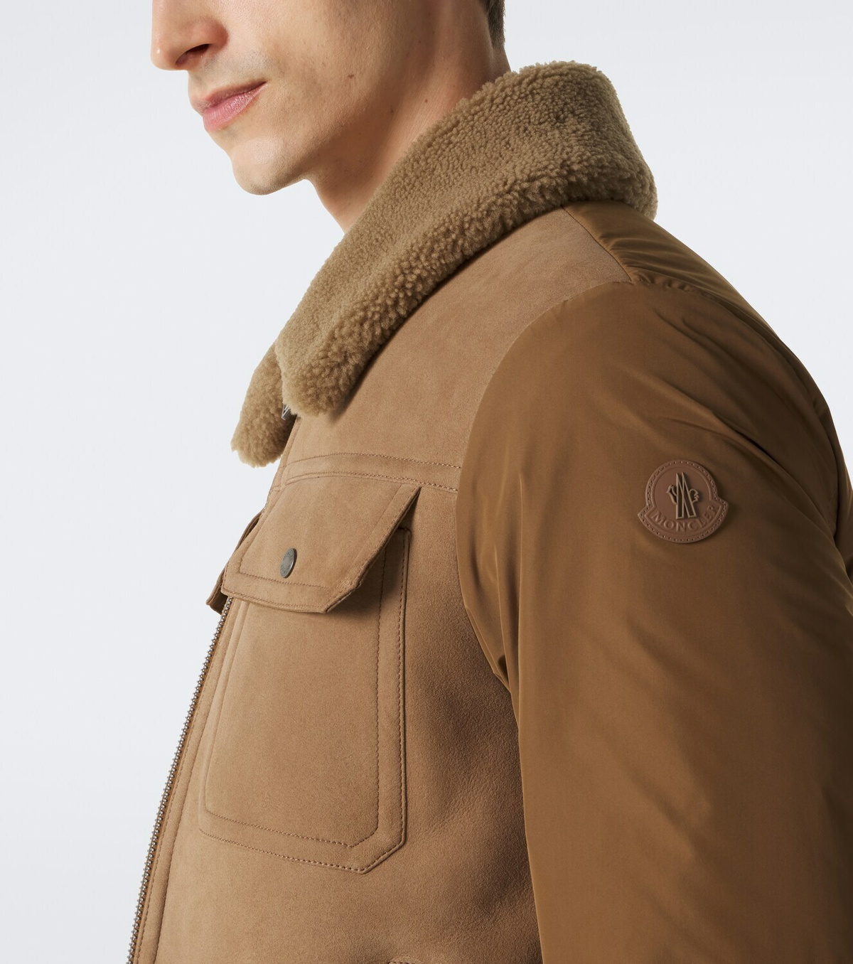 Moncler Shearling-trimmed suede down jacket