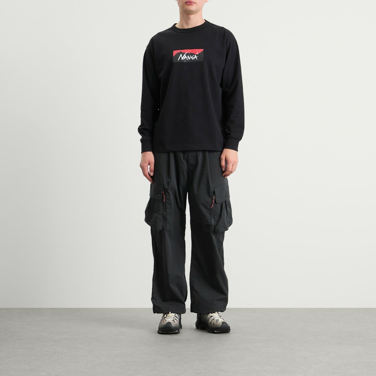 NANGA Men's Eco Hybrid Box Logo Long Sleeve T-Shirt in Black