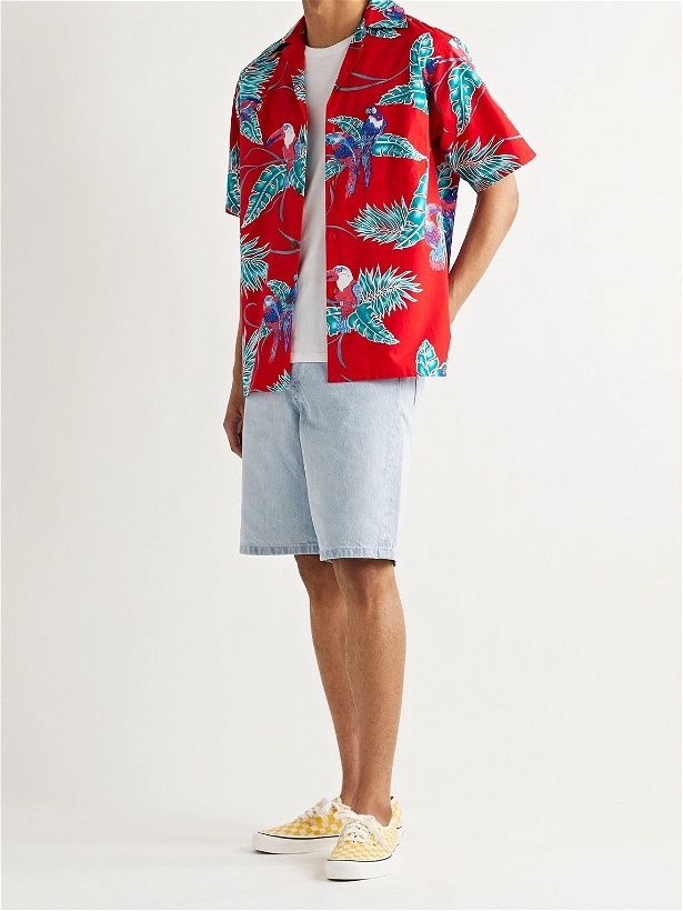 Photo: Go Barefoot - Tropical Birds Camp-Collar Printed Cotton Shirt - Red
