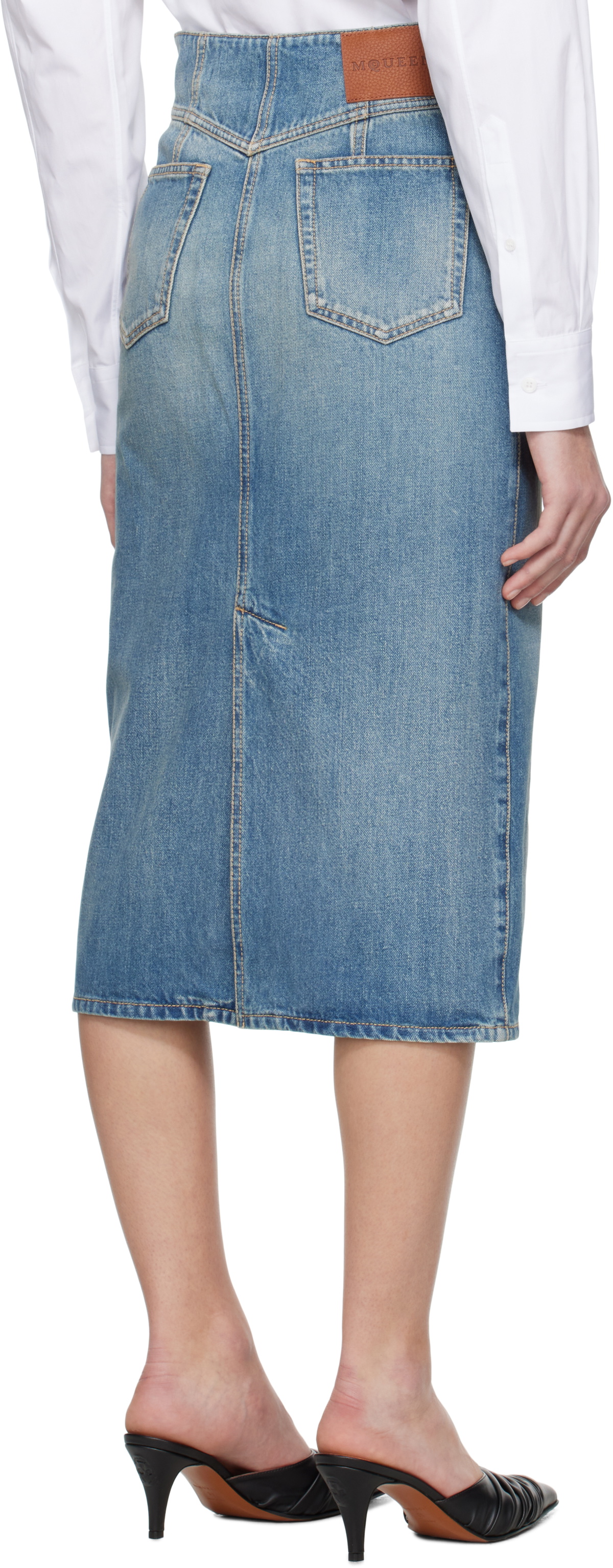 McQueen Blue Fold Over Waist Denim Midi Skirt