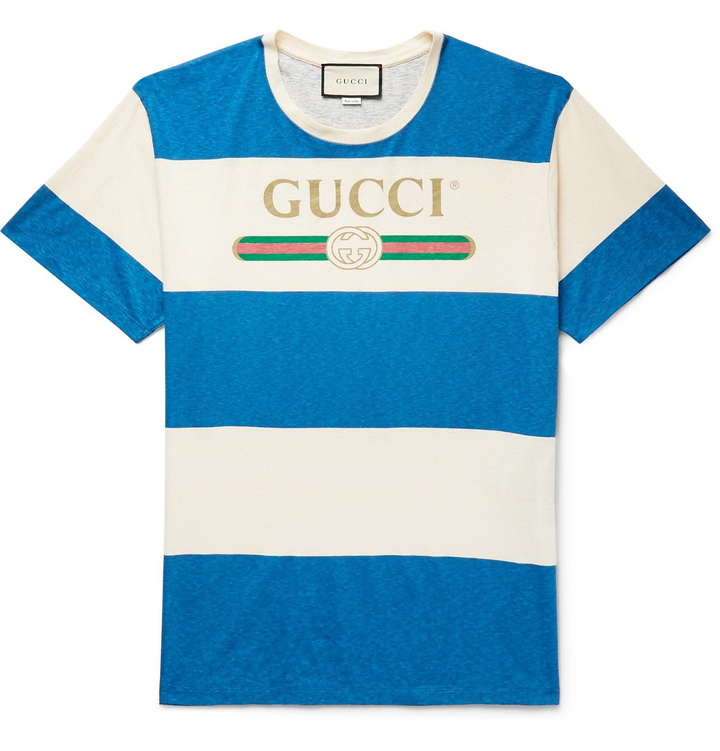 Photo: Gucci - Logo-Print Striped Cotton and Hemp-Blend T-Shirt - Blue