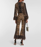 Valentino Feather-trimmed leopard-print flared pants