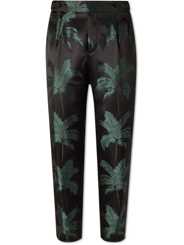 Photo: SAINT LAURENT - Tapered Cropped Pleated Satin-Jacquard Trousers - Green