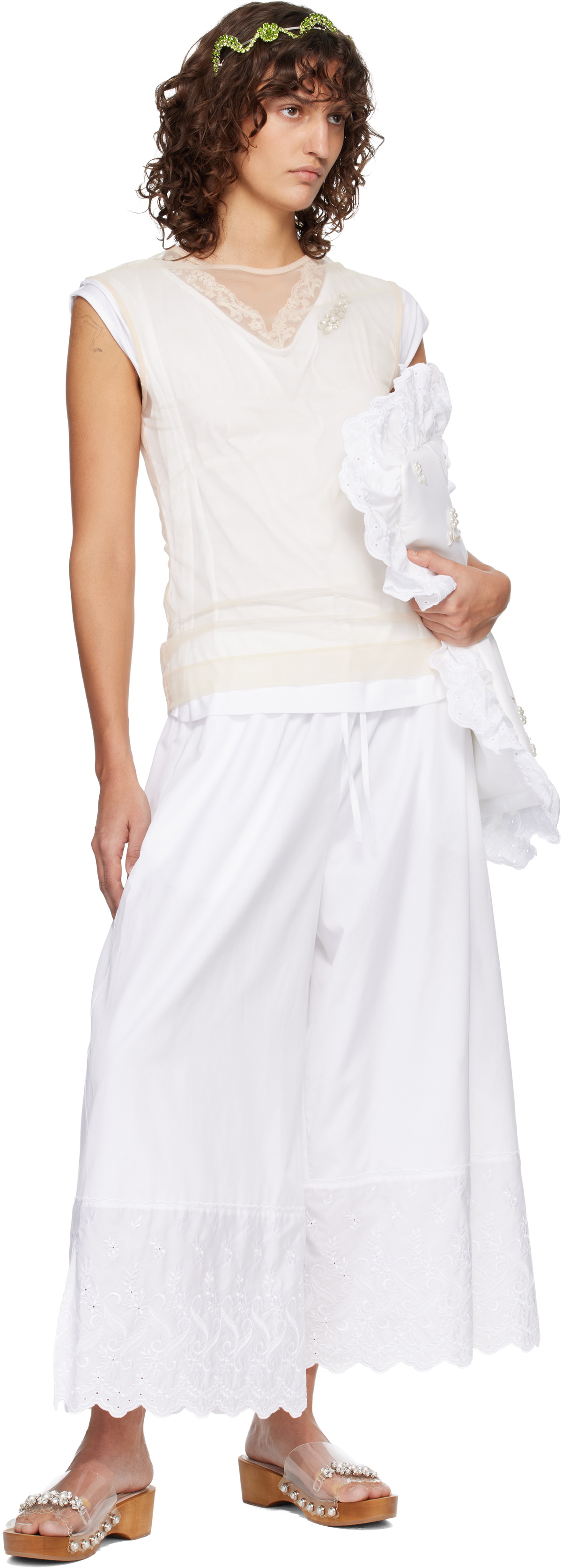 Simone Rocha White & Beige Layered Liquid Lace Trim T-shirt