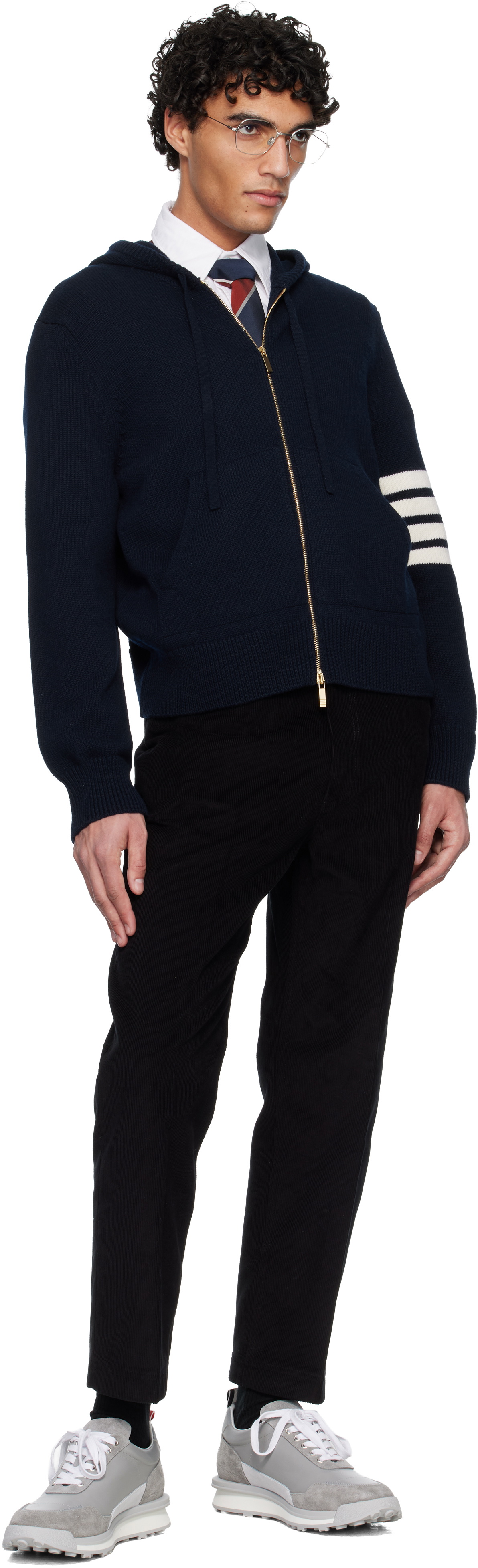 Thom Browne Navy Intarsia Zip Up 4-Bar Hoodie
