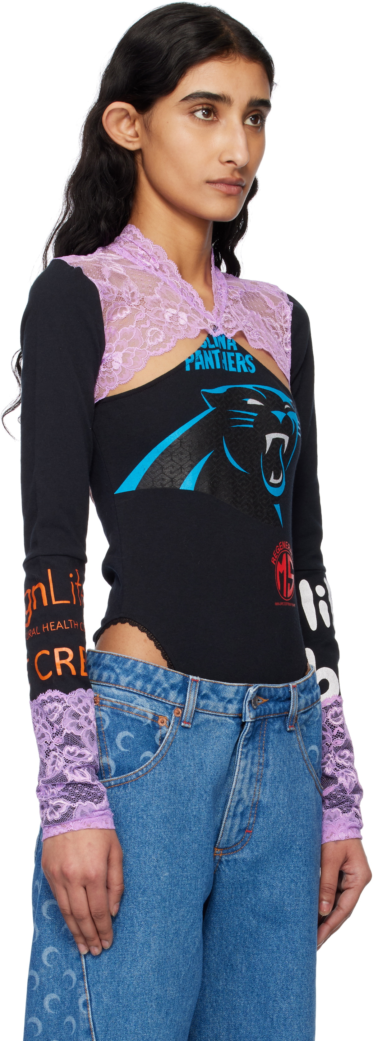 Marine Serre Black Regenerated T-shirts & Lace Long Sleeve Bodysuit