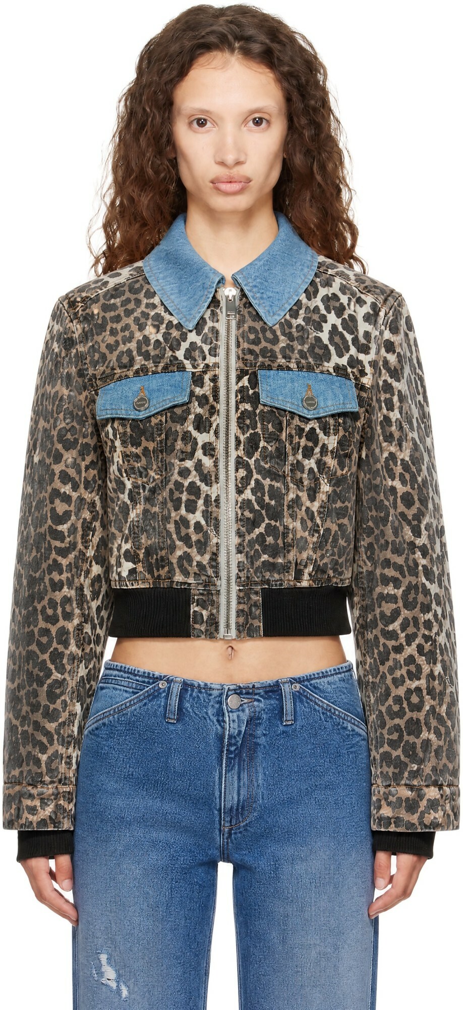 GANNI Multicolor Print Denim Small Bomber Jacket