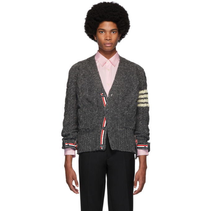 Photo: Thom Browne Grey Aran Cable Knit 4-Bar Cardigan