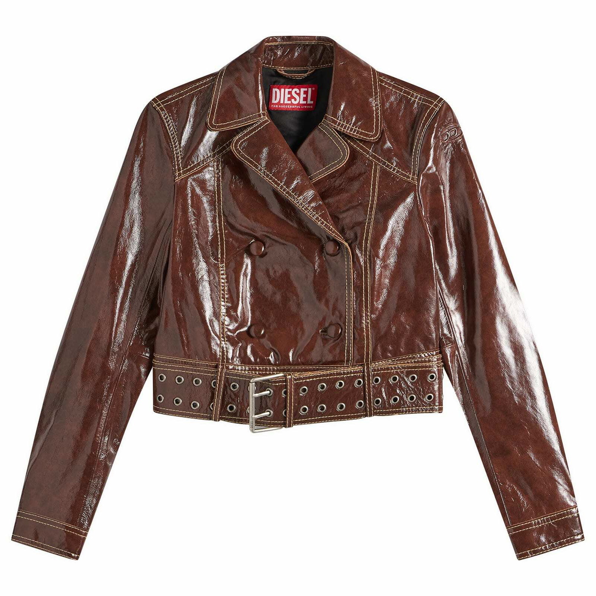 Diesel Women's L-Egend Patent Cropped Jacket with Belt in Burgundy