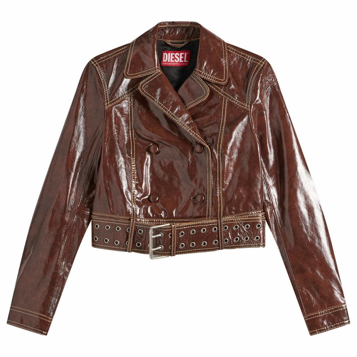 Photo: Diesel Women's L-Egend Patent Cropped Jacket with Belt in Burgundy