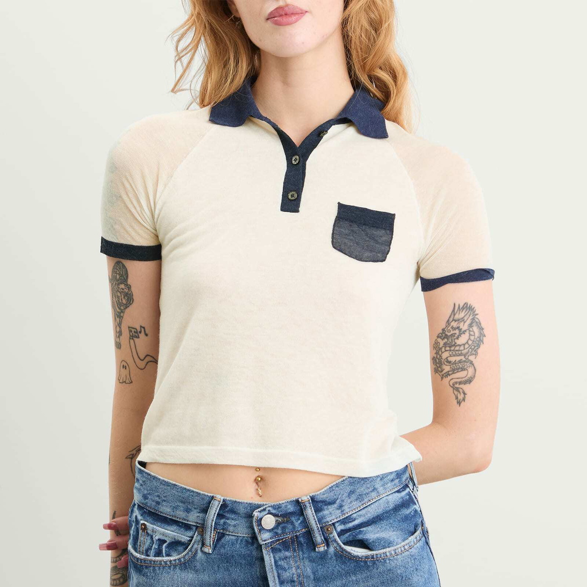 Acne Studios Women's Kout Transparent Polo Top in White/Navy
