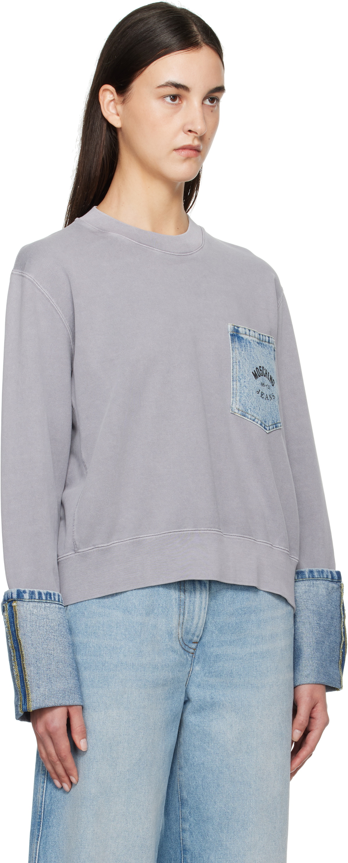 Moschino Jeans Gray Cotton Denim Details Sweatshirt