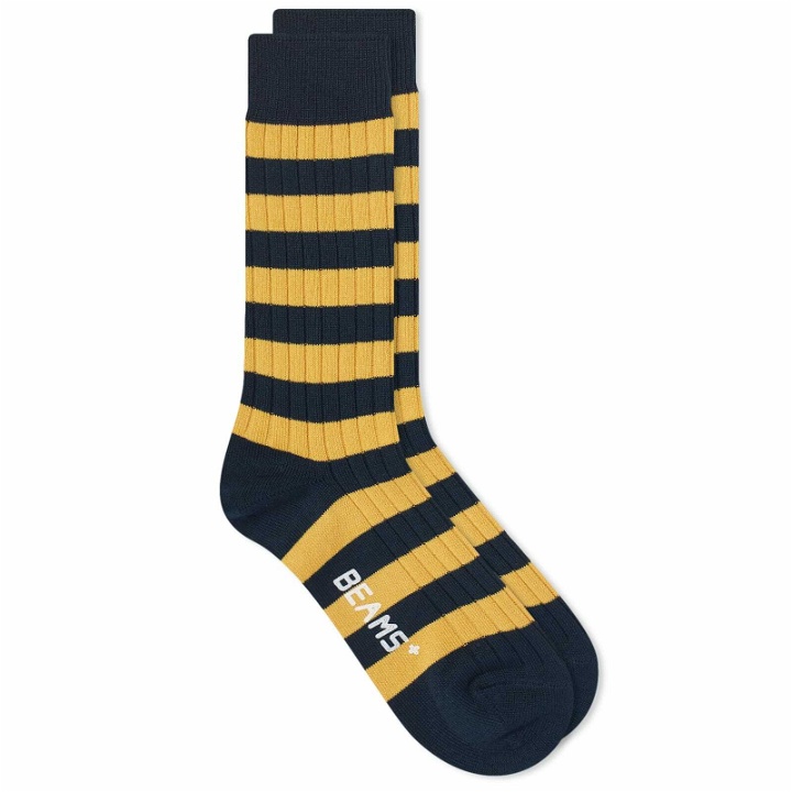 Photo: Beams Plus Men's Rib Stripe Sock in Navy/Gold 