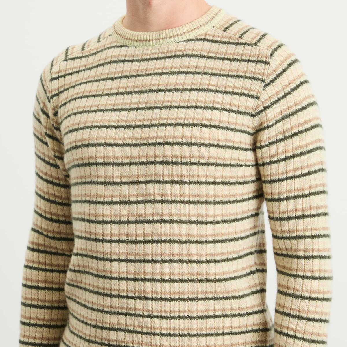 Auralee Men's Shetland Wool Cashmere Rib Knit P/O in Ivory Stripe