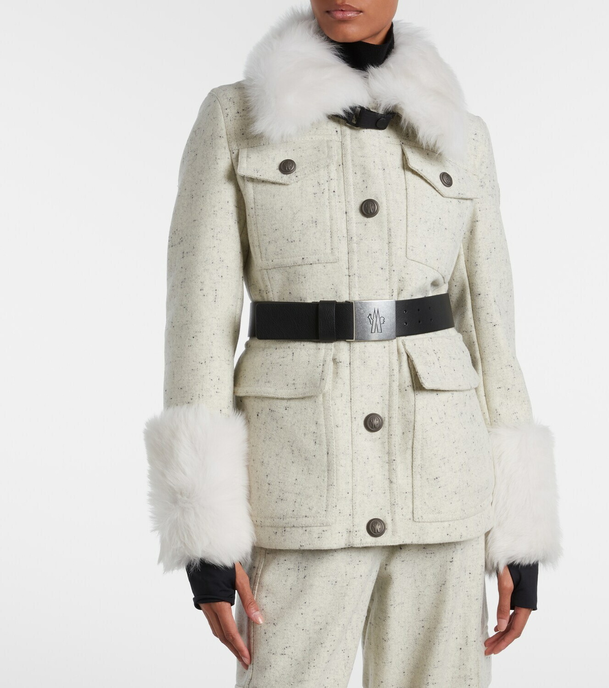 Moncler Grenoble Devez belted shearling-trimmed virgin wool down ski jacket