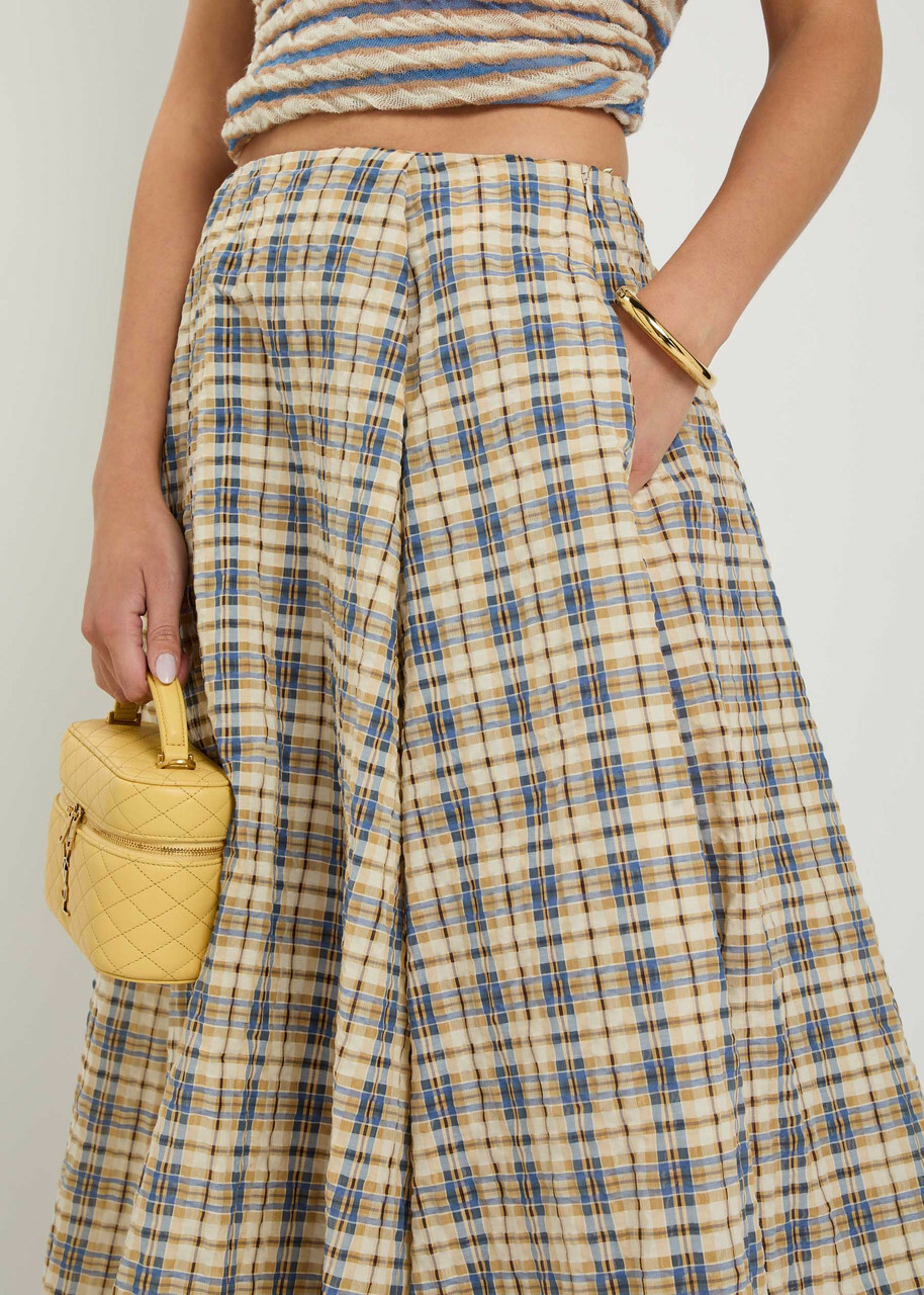 Bernadette Kennedy Plaid Seersucker Maxi Skirt Beige