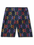 GUCCI - Straight-Leg Logo-Print Silk-Twill Shorts - Blue