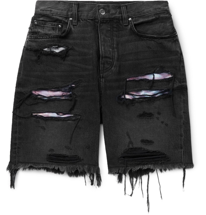 Photo: AMIRI - Thrasher Panelled Distressed Denim Shorts - Black