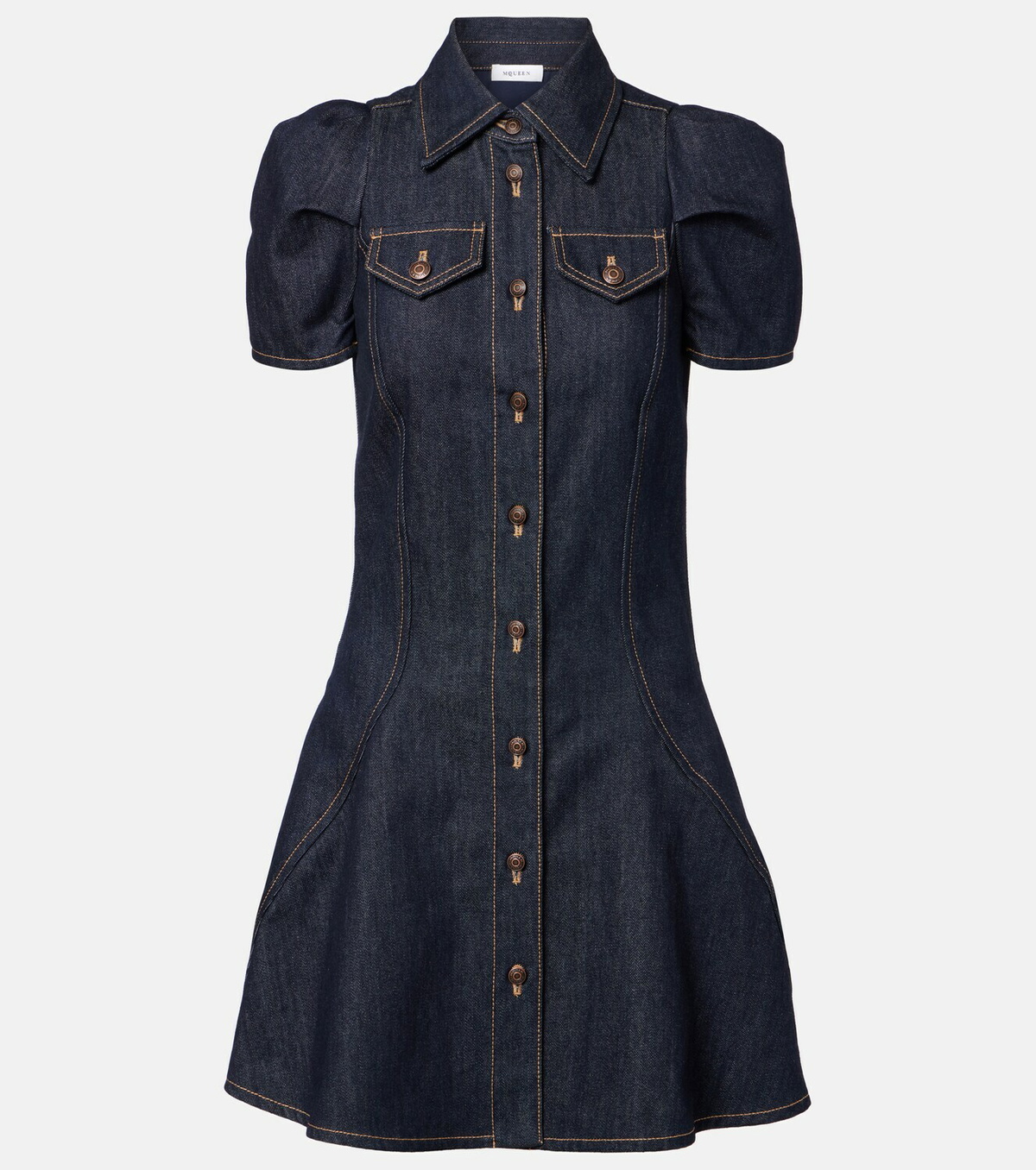 McQueen Puff-sleeve denim minidress