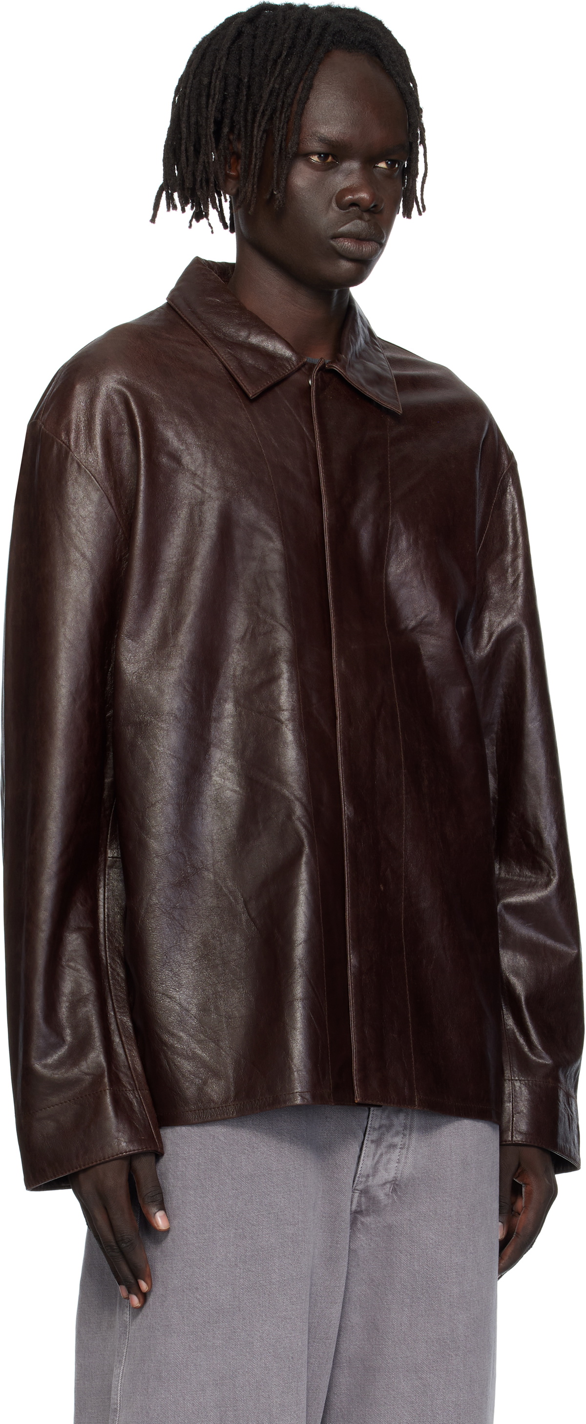 HOPE Brown Relaxed Leather Overshirt