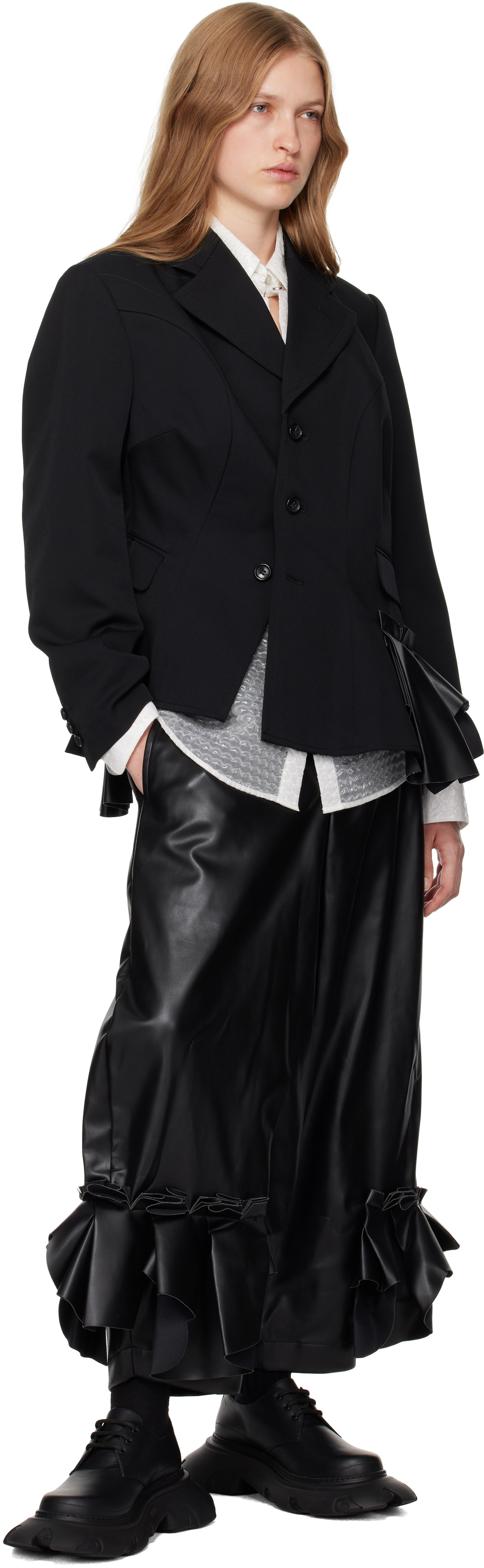Comme des Garçons Black Ruffle Faux-Leather Trousers