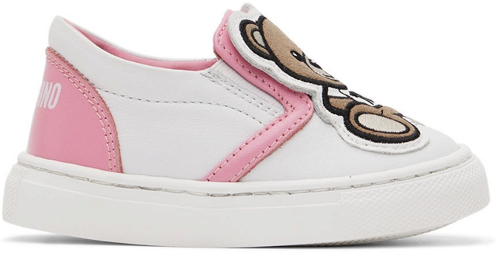 Photo: Moschino Baby White & Pink Teddy Slip-On Sneakers