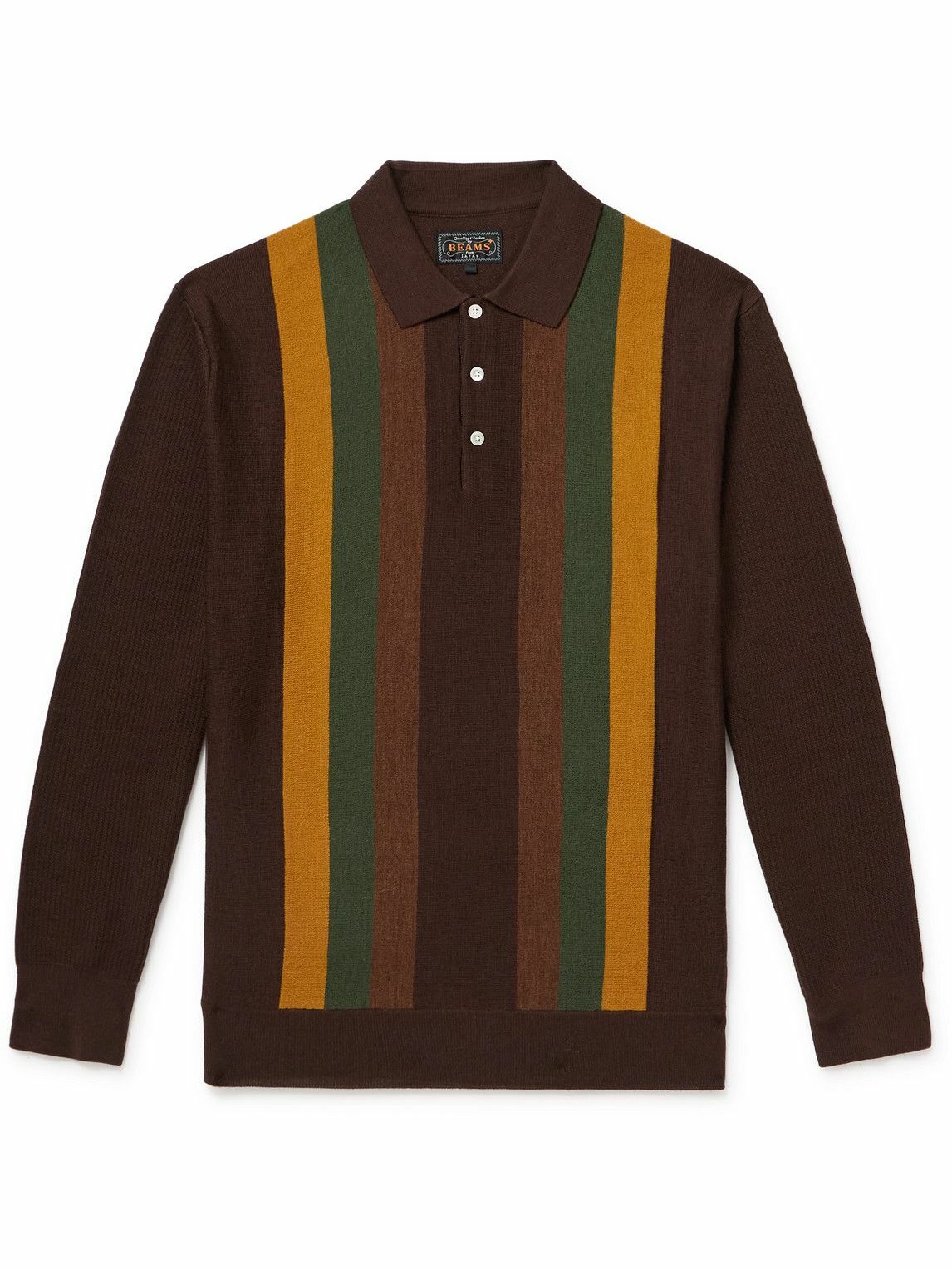 トップス Beams+ Wool Stripe Polo Brown Beams Plus - Striped Wool Polo Shirt - Brown Beams Plus