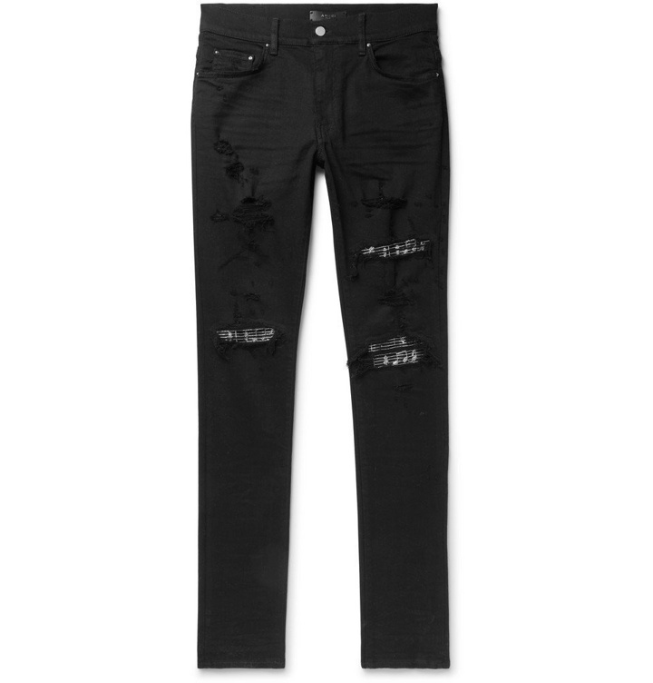 Photo: AMIRI - Skinny-Fit Embellished Twill-Panelled Distressed Stretch-Denim Jeans - Black
