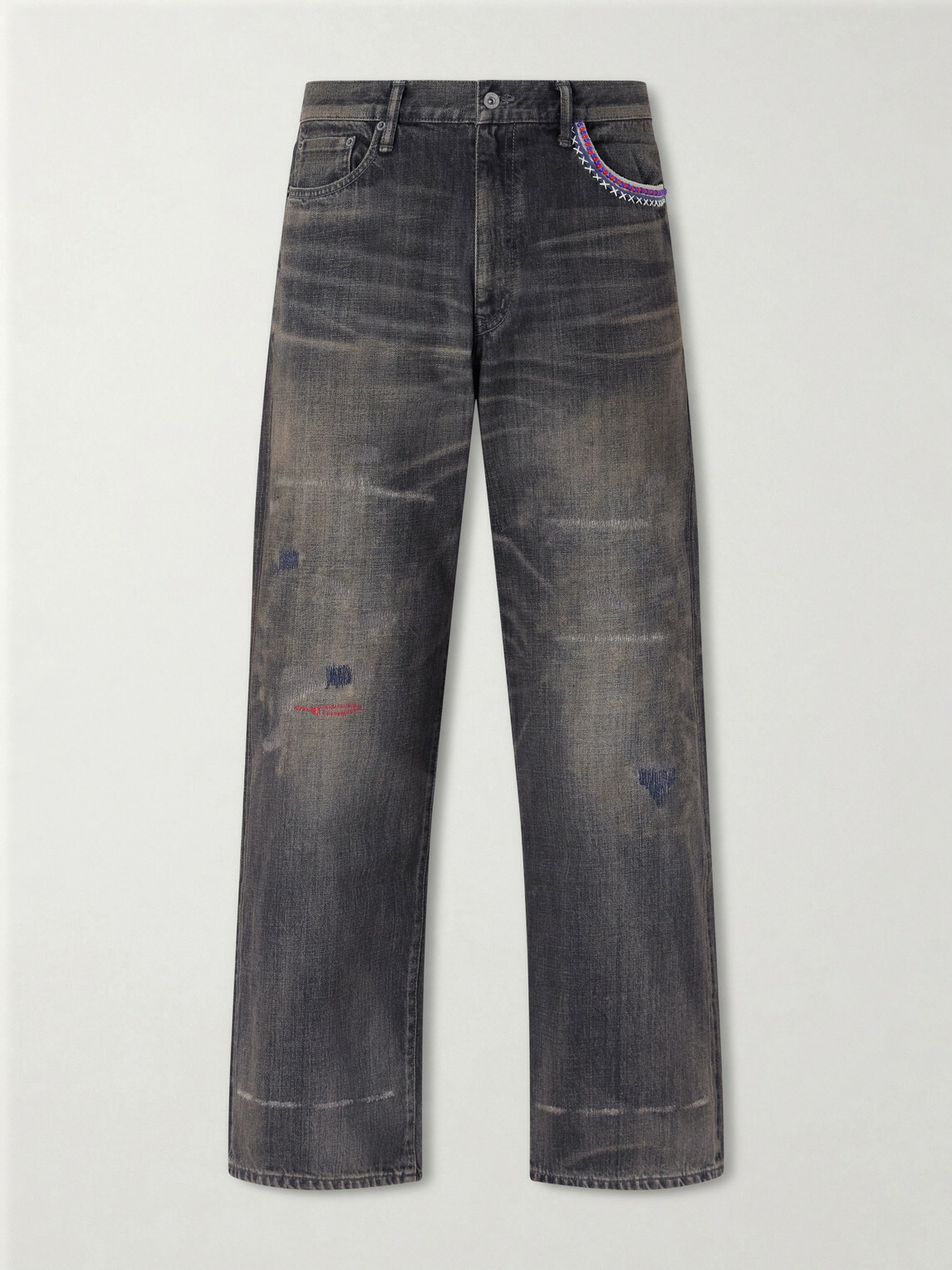 Neighborhood - Savage Wide-Leg Bead-Embellished Distressed Jeans - Black