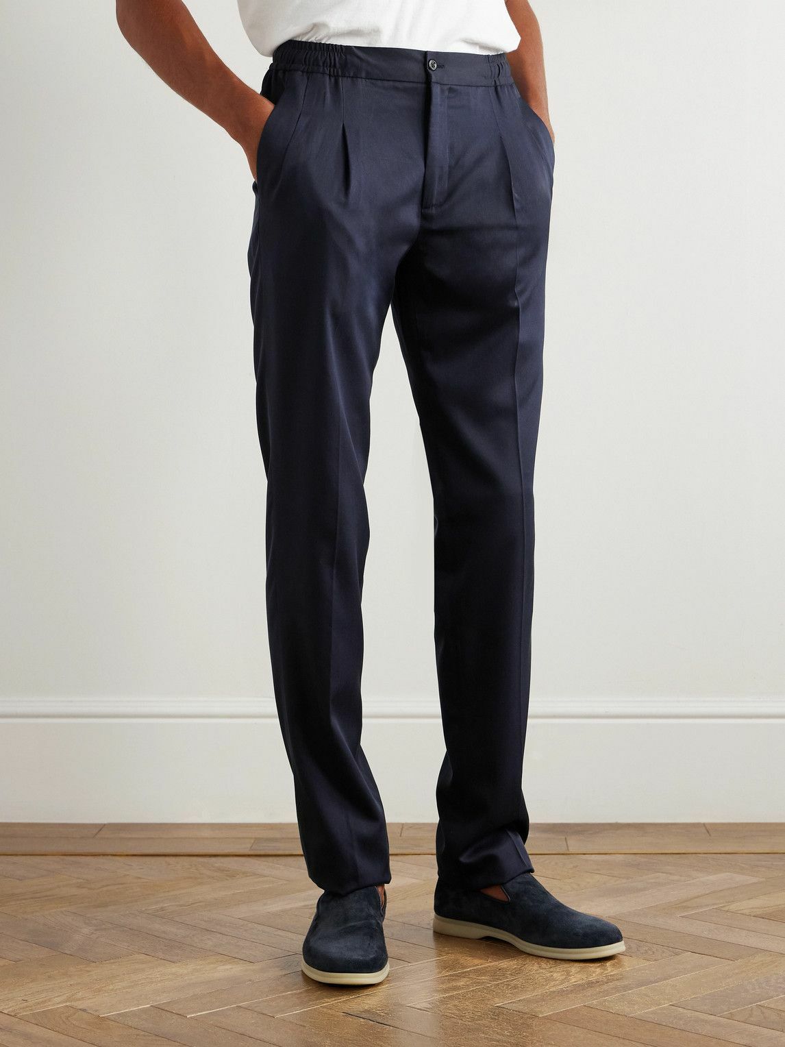 Rubinacci - Leisure Straight-Leg Pleated Silk-Twill Trousers - Blue