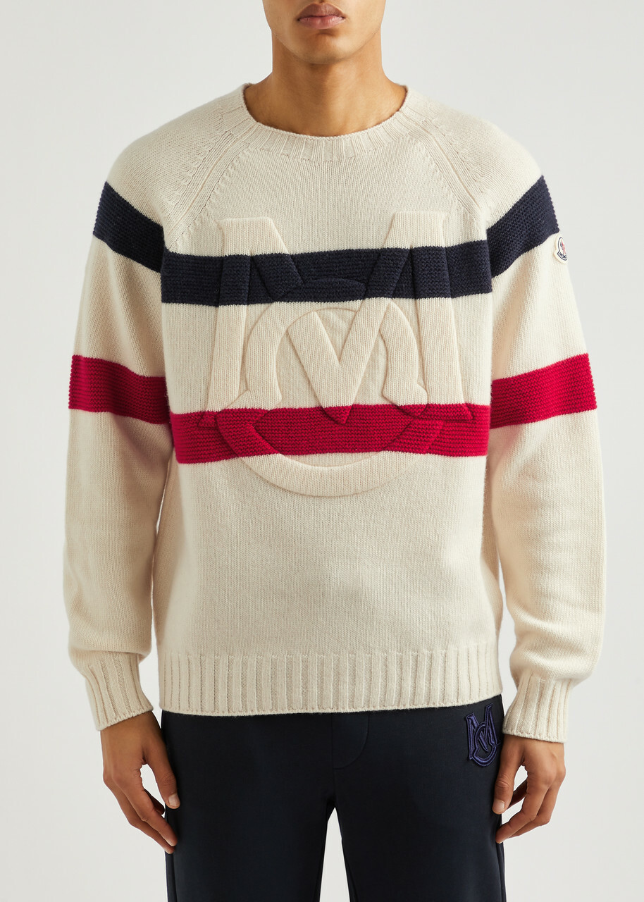 Moncler Striped Logo Wool and Cashmere-blend Jumper Cream
