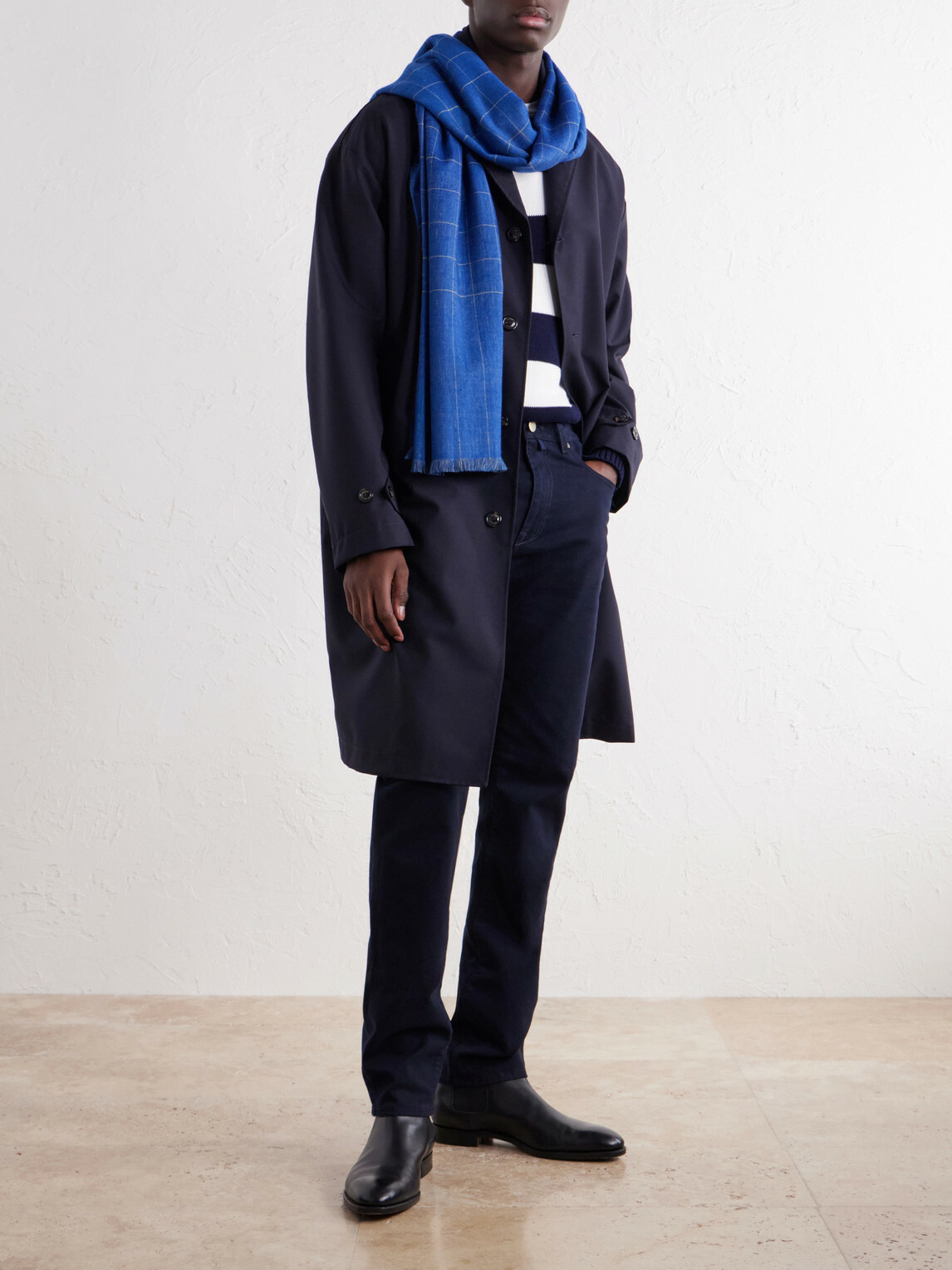 Anderson & Sheppard - Frayed Checked Cashmere-Twill Scarf - Blue
