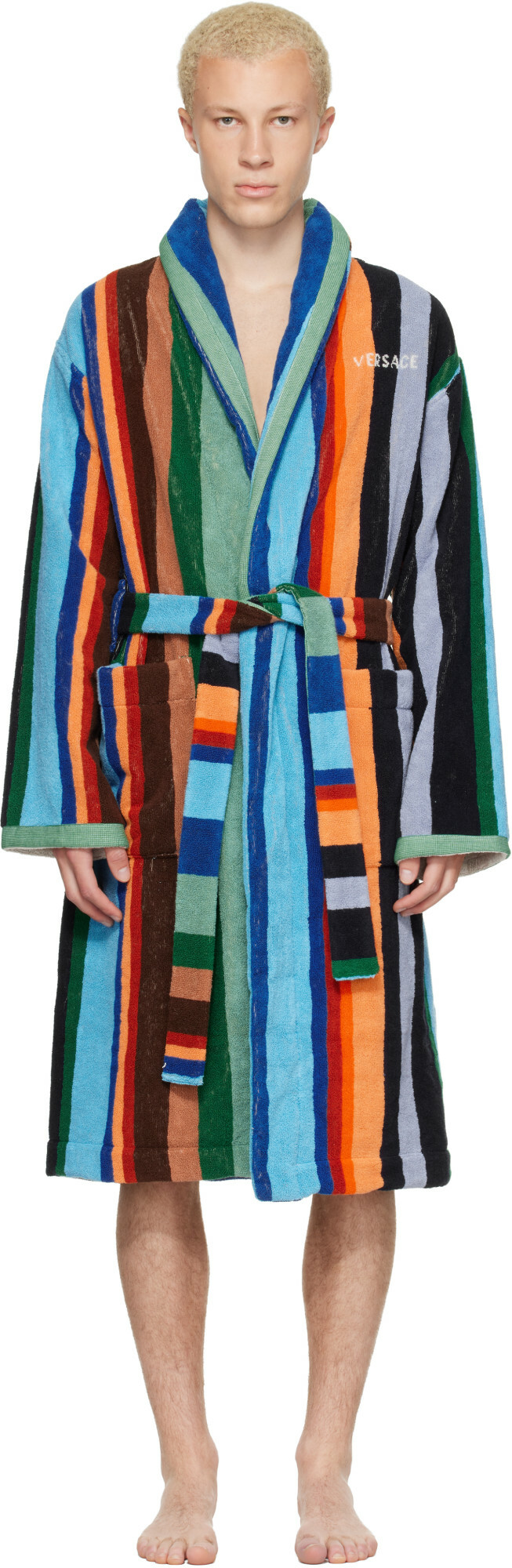 Versace Multicolor Striped Cotton-Terry Jacquard Bathrobe