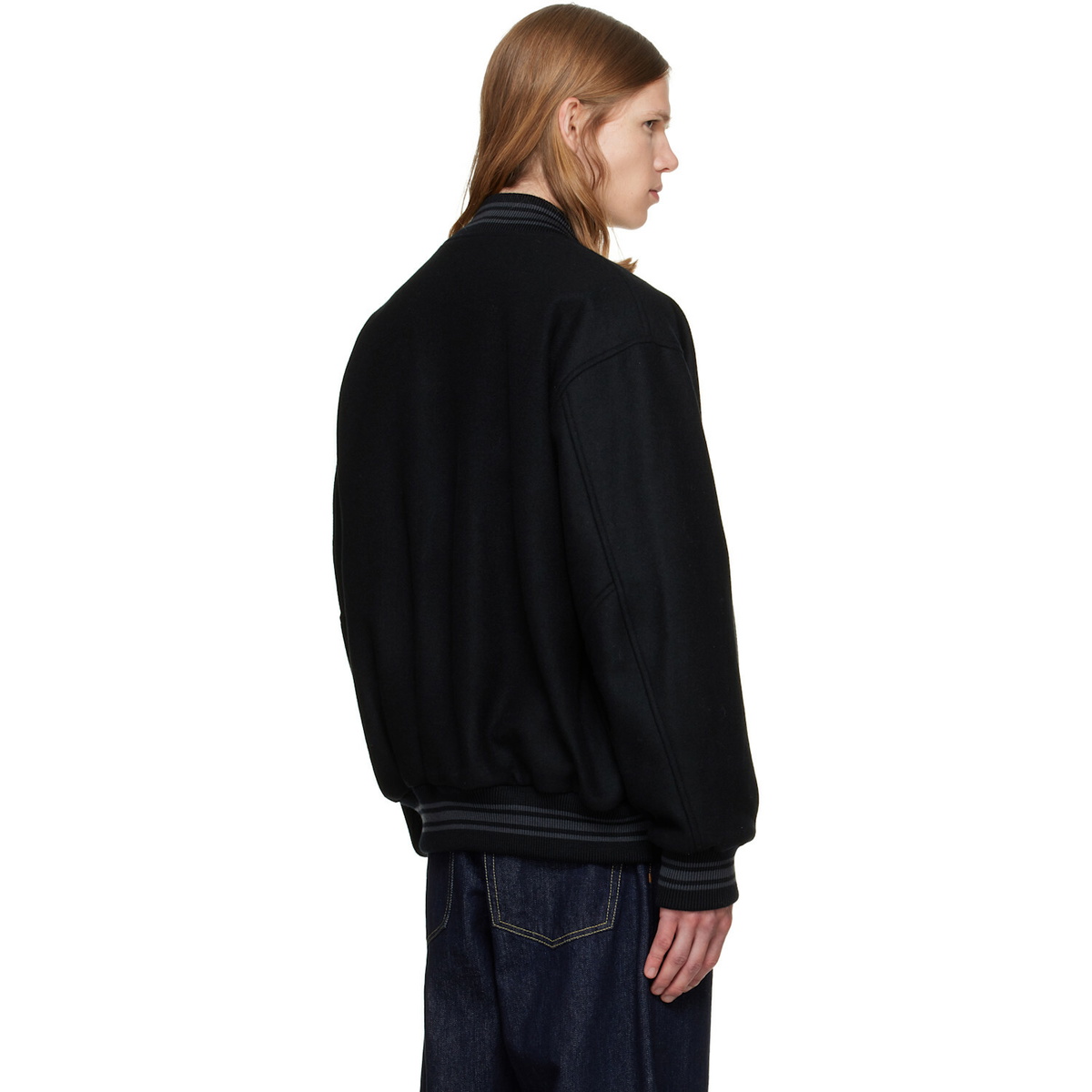 vowels Black Wool Varsity Bomber Jacket