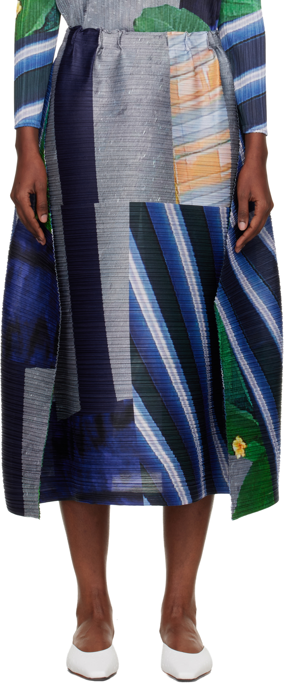 PLEATS PLEASE ISSEY MIYAKE Gray & Navy City Collage Midi Skirt